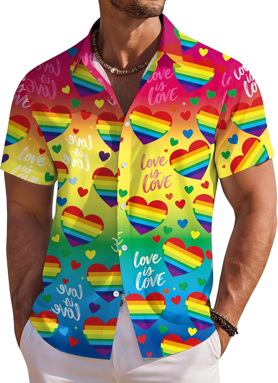 Pride Shirt Men Gay Rainbow Graphic Shirts Pride Hawaiian Tshirts Love is Love LGBTQ Button Down Blouse Tops - Rainbowheart2