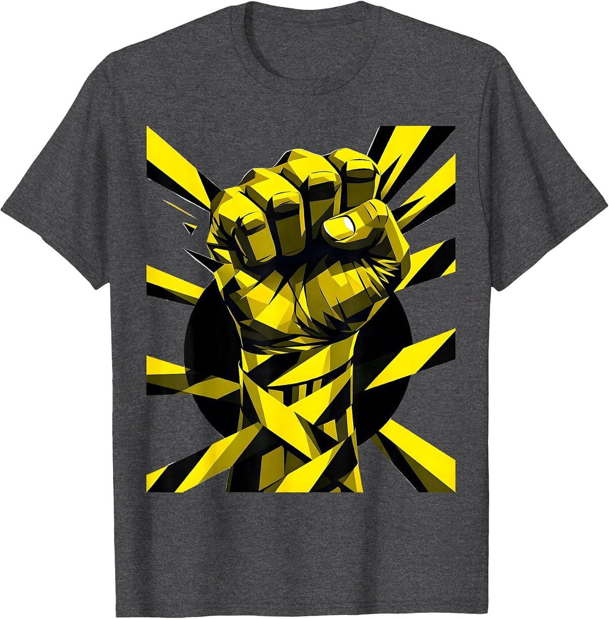 Caution Fist Yellow Black Striped Graphic T-Shirt - Dark Heather Grey
