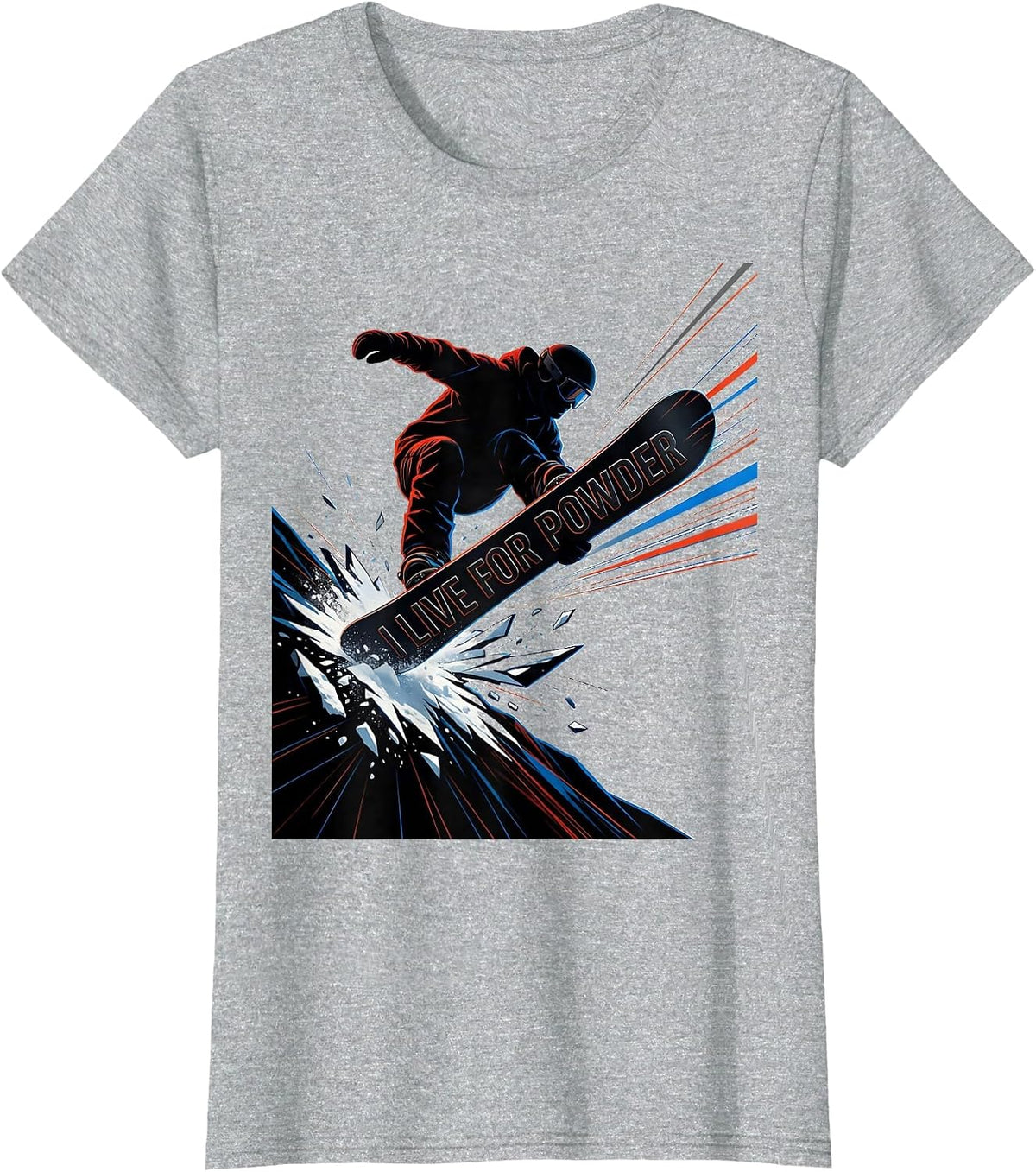 Women's I Live For Powder Futurist Snowboarder Winter Sports Humor T-Shirt - Heather Grey