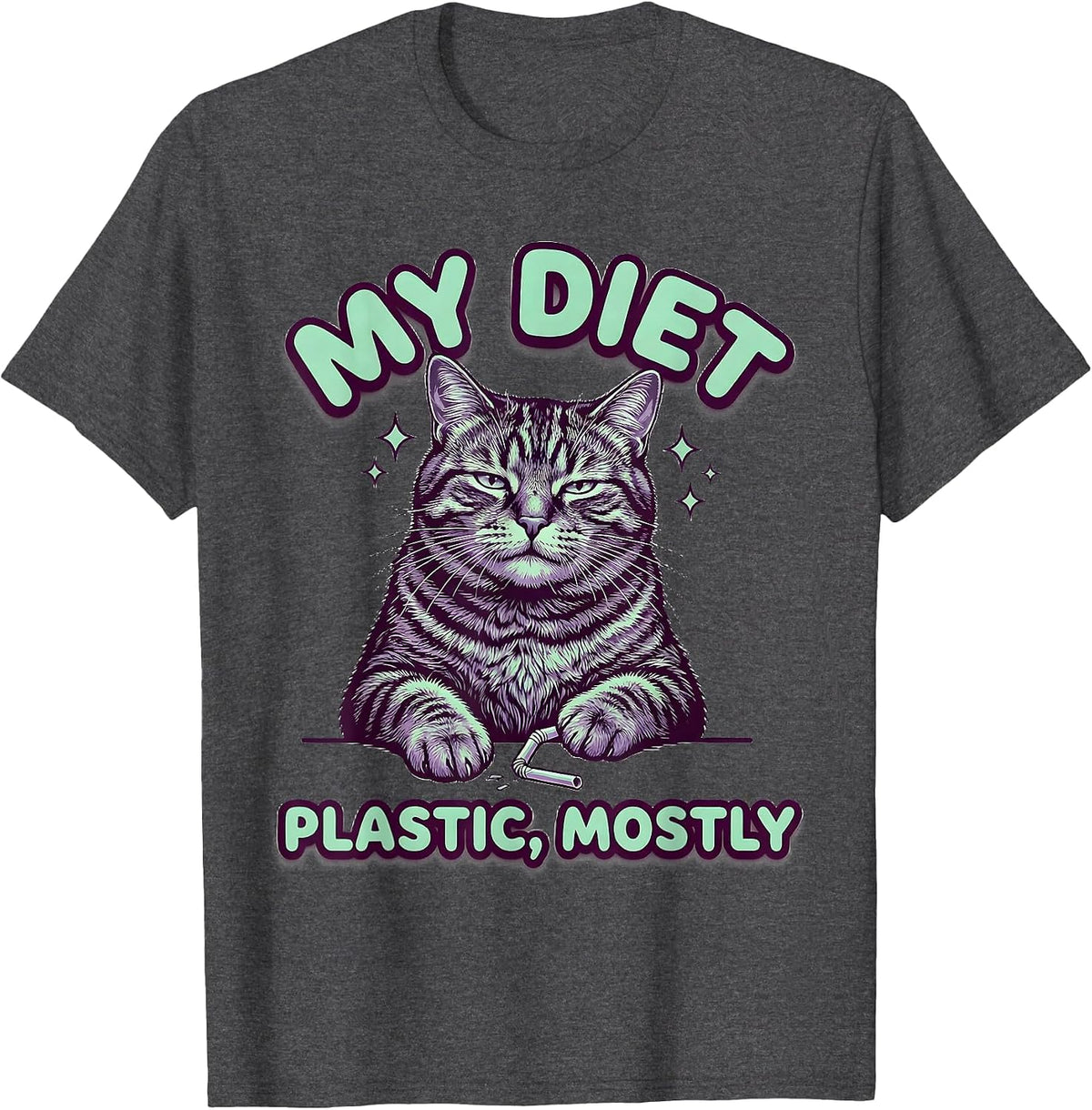 Men's My Diet Plastic Mostly Funny Cat Meme Absurdist Irony T-Shirt - Dark Heather Grey