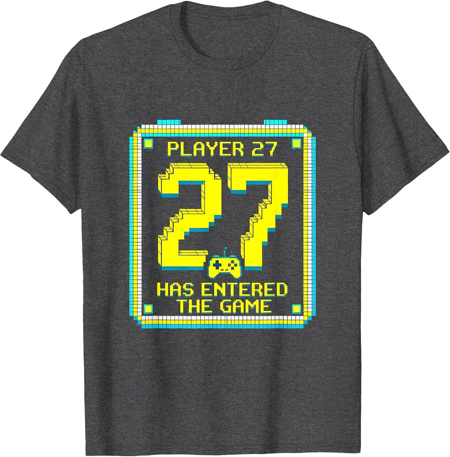 Men's Player 27 Has Entered The Game Pixel Art Gamer Birthday Boy T-Shirt - Dark Heather Grey