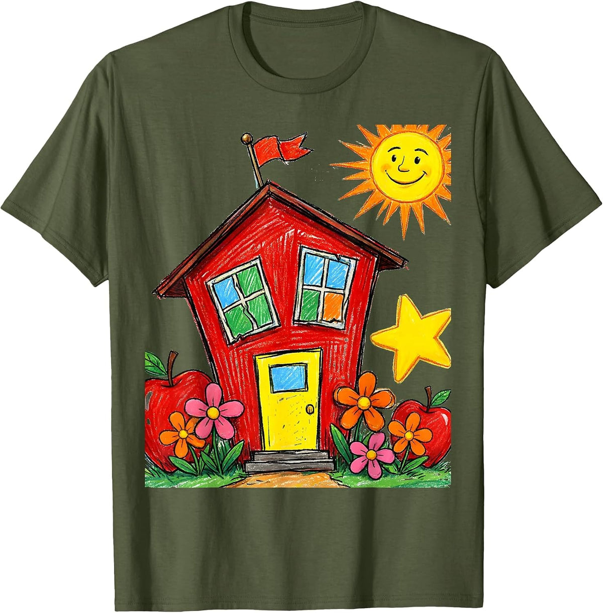 First Grade Teacher Schoolhouse Graphic T-Shirt - Olive Green