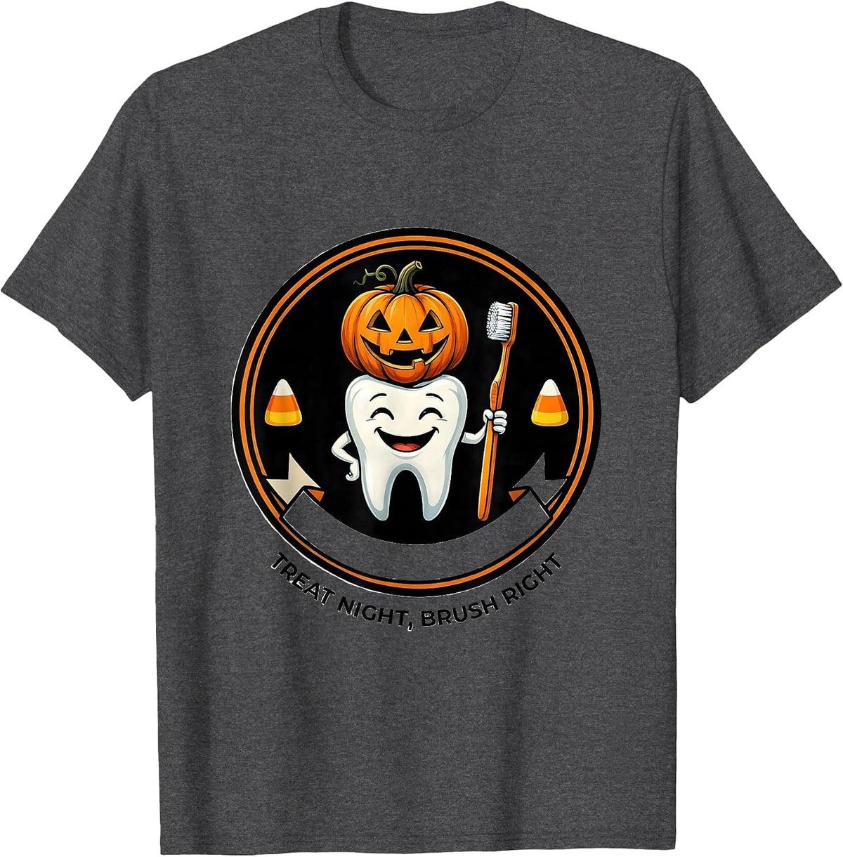 Men's Treat Night Brush Right Playful Dental Humor Halloween T-Shirt - Dark Heather Grey