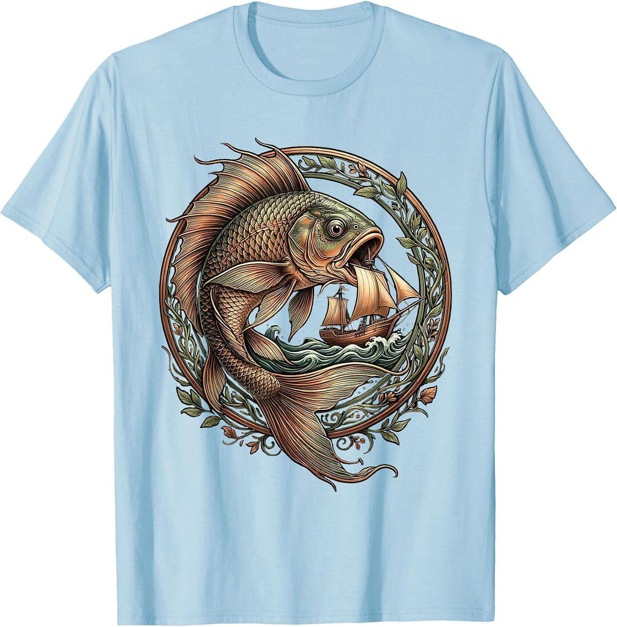 Men's Giant Fish Swallowing Boat Ocean Graphic T-Shirt - Baby Blue