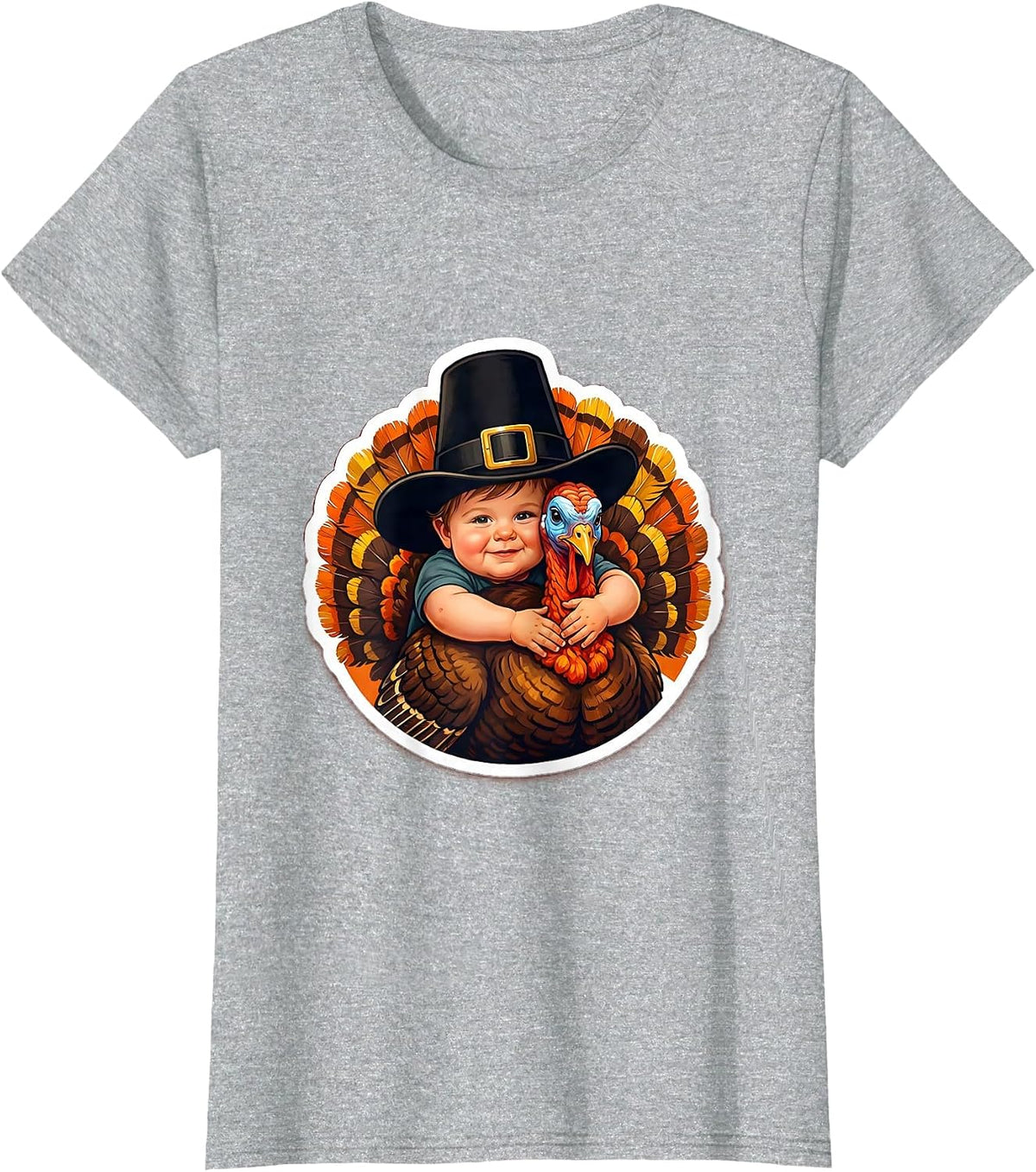 Toddler Pilgrim Hugging Turkey Thanksgiving T-Shirt - Heather Grey