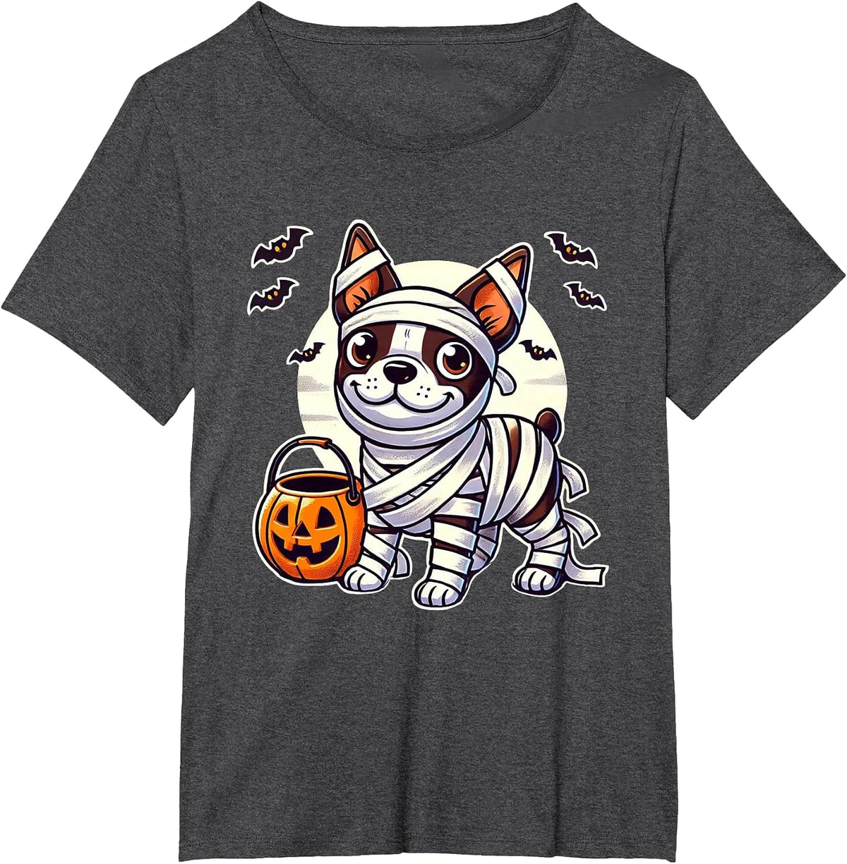 Boston Terrier Halloween Mummy Cute Boston Terrier T-Shirt - Dark Heather Grey