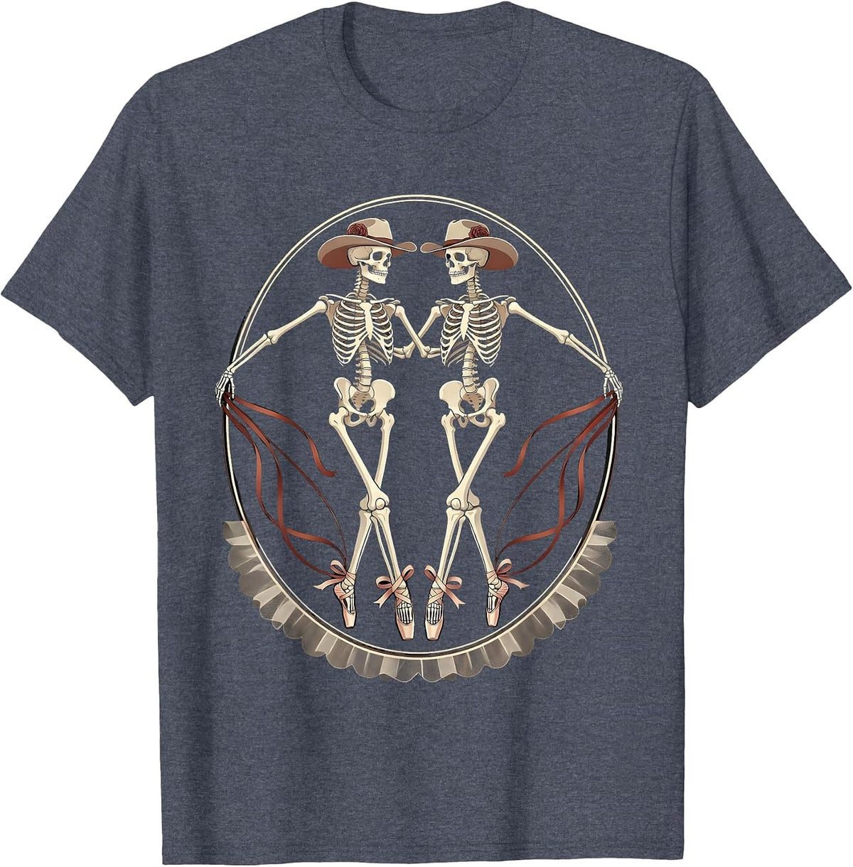 Men's Skeleton Cowboy Line Dancing Illustration T-Shirt - Heather Blue