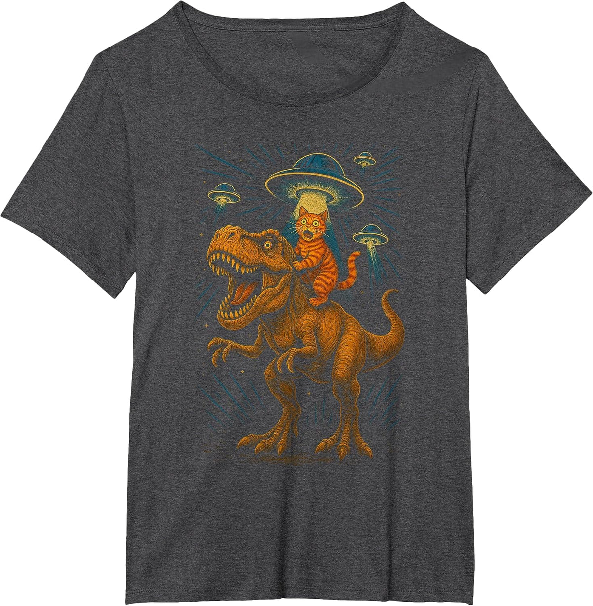 Funny Cat Riding T-Rex Dinosaur Graphic T-Shirt - Dark Heather Grey