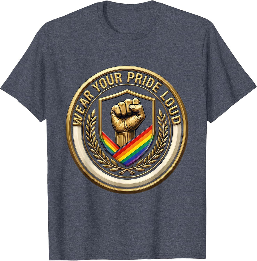 Wear Your Pride Loud Pride Flag Design T-Shirt - Heather Blue