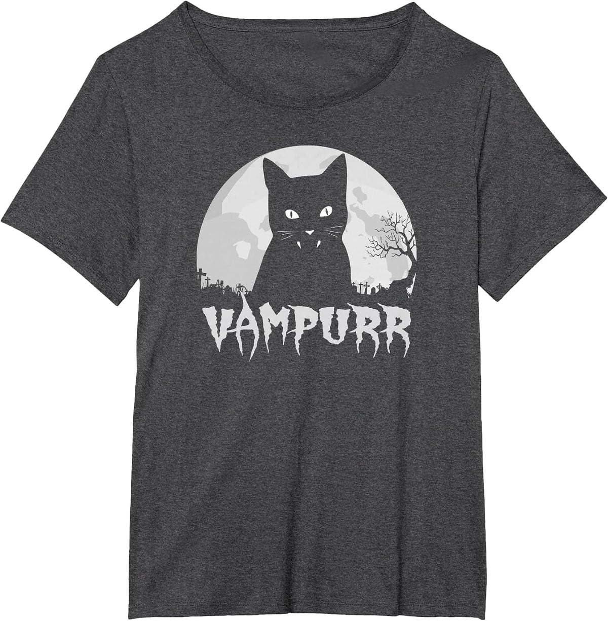 Halloween Black Cat Vampire with Full Moon - Vampurr Pun T-Shirt - Dark Heather Grey