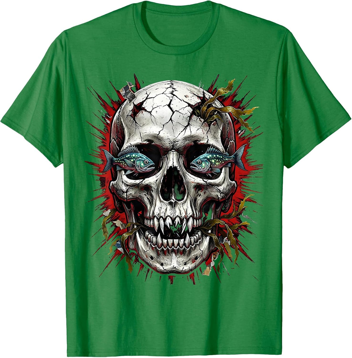 Men's Deep Ocean Skull Halloween Graphic Tee T-Shirt - Kelly Green
