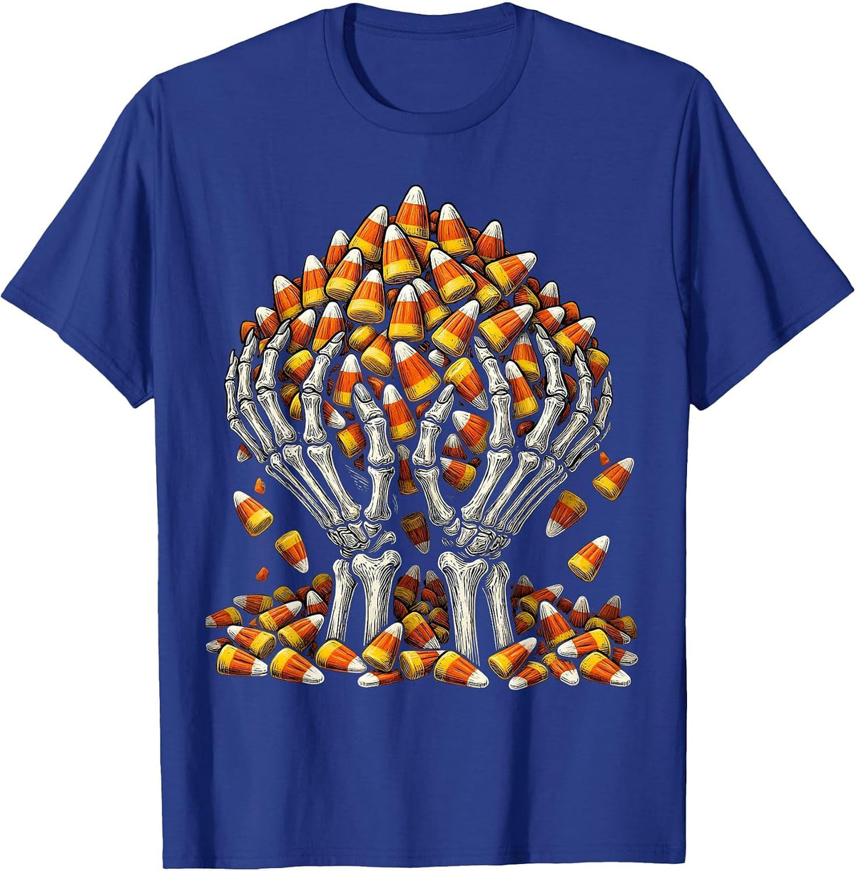 Halloween Candy Corn Skeleton Hands Long Sleeve T-Shirt - Royal Blue