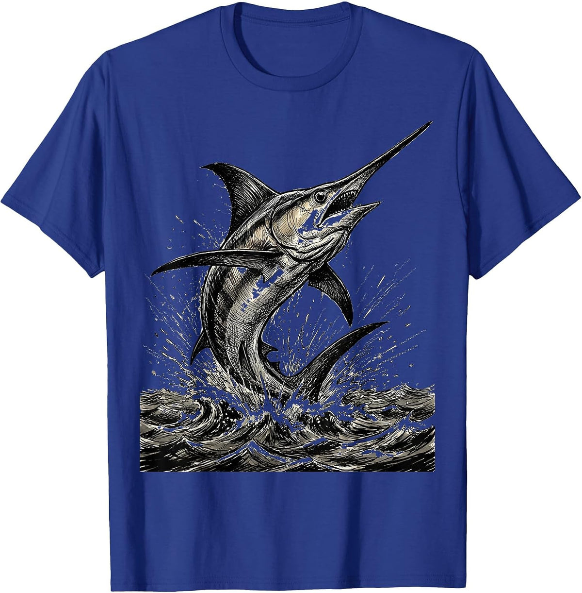 Muscular Swordfish Breaching Ocean Surface T-Shirt - Royal Blue