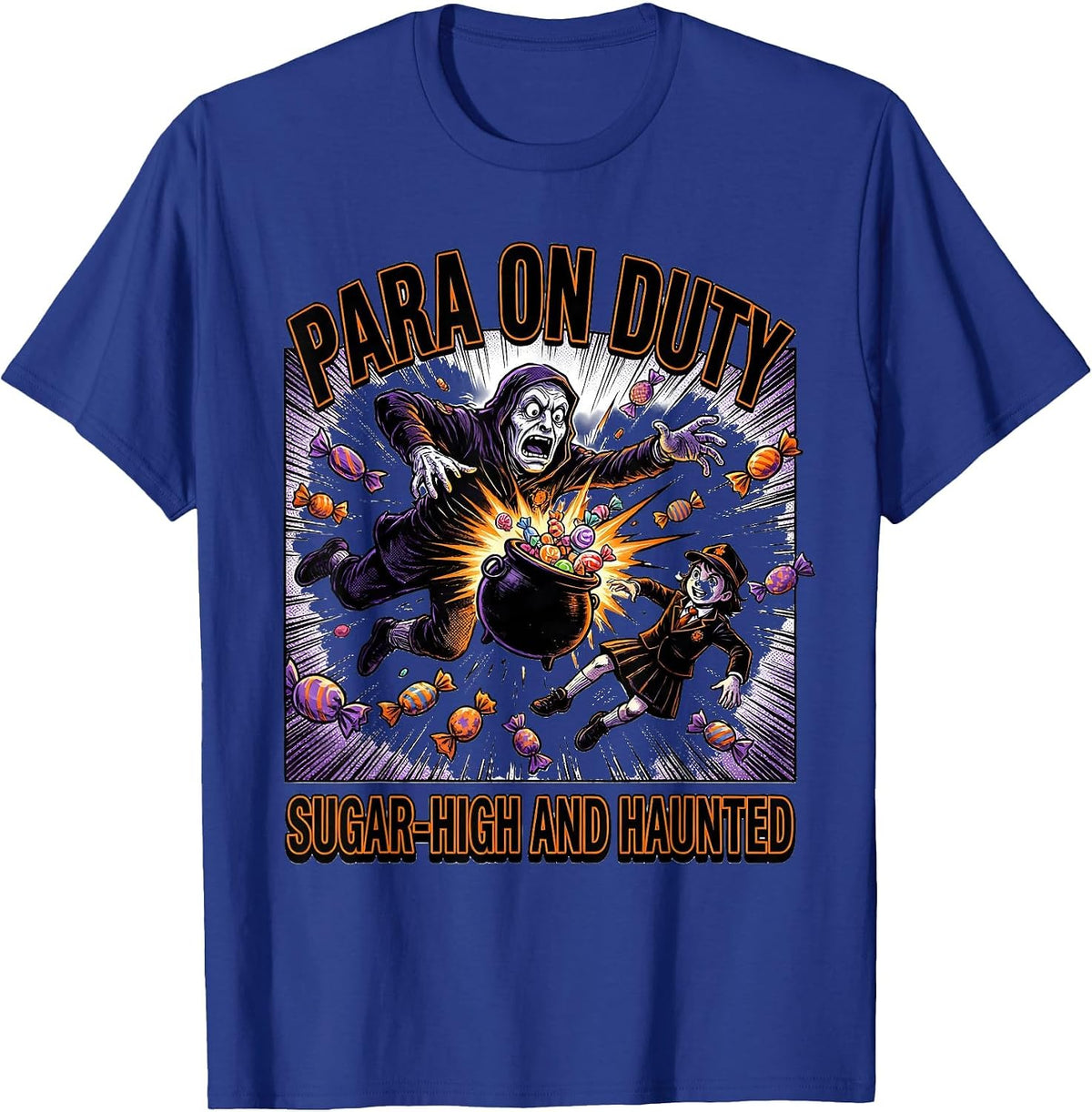 Men's Para On Duty Sugar-High And Haunted Comic Ghost Para Normal T-Shirt - Royal Blue