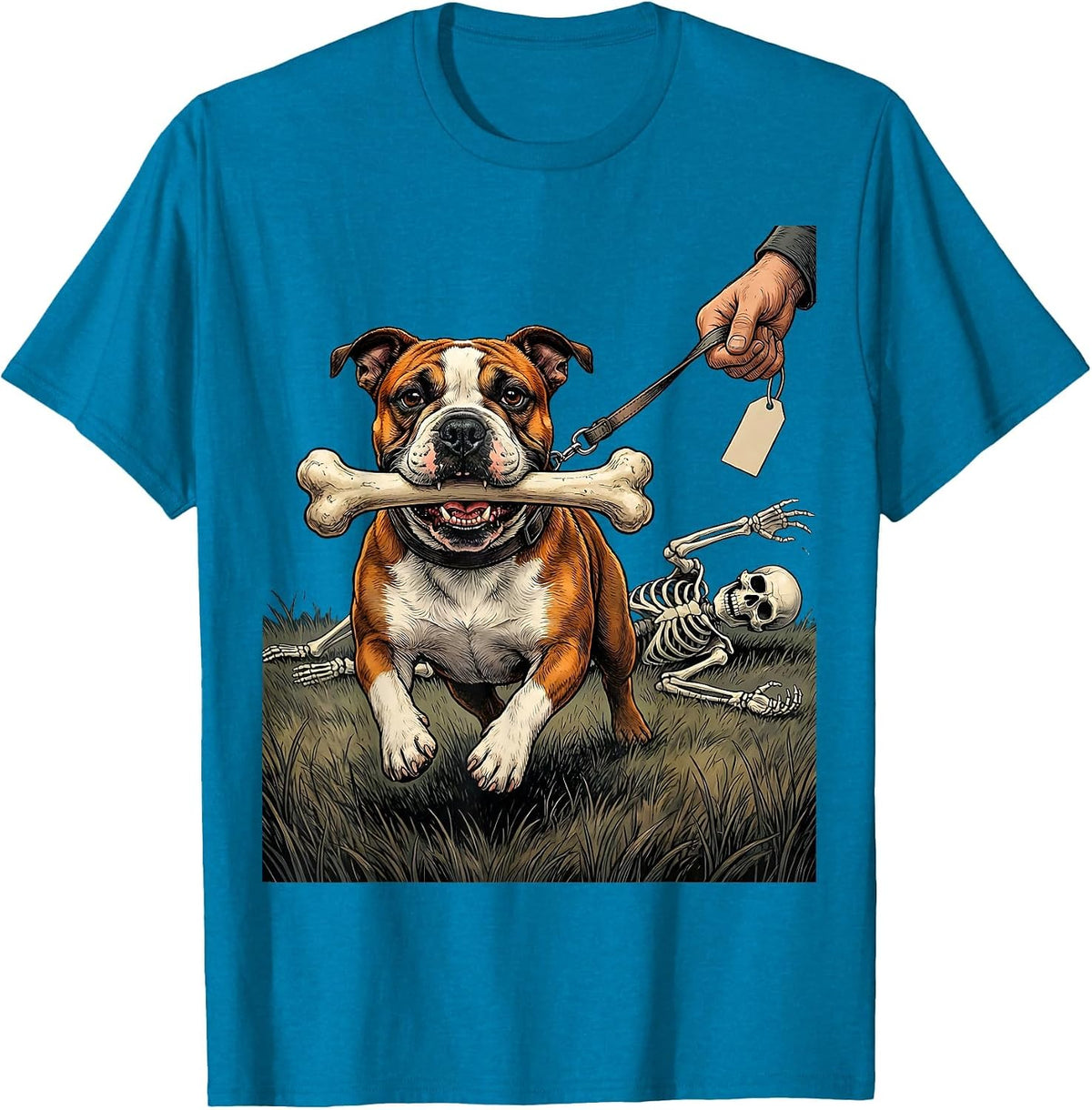 Bull Terrier Steals Bone Funny Skeleton Halloween Dog Mom T-Shirt - Sapphire Blue