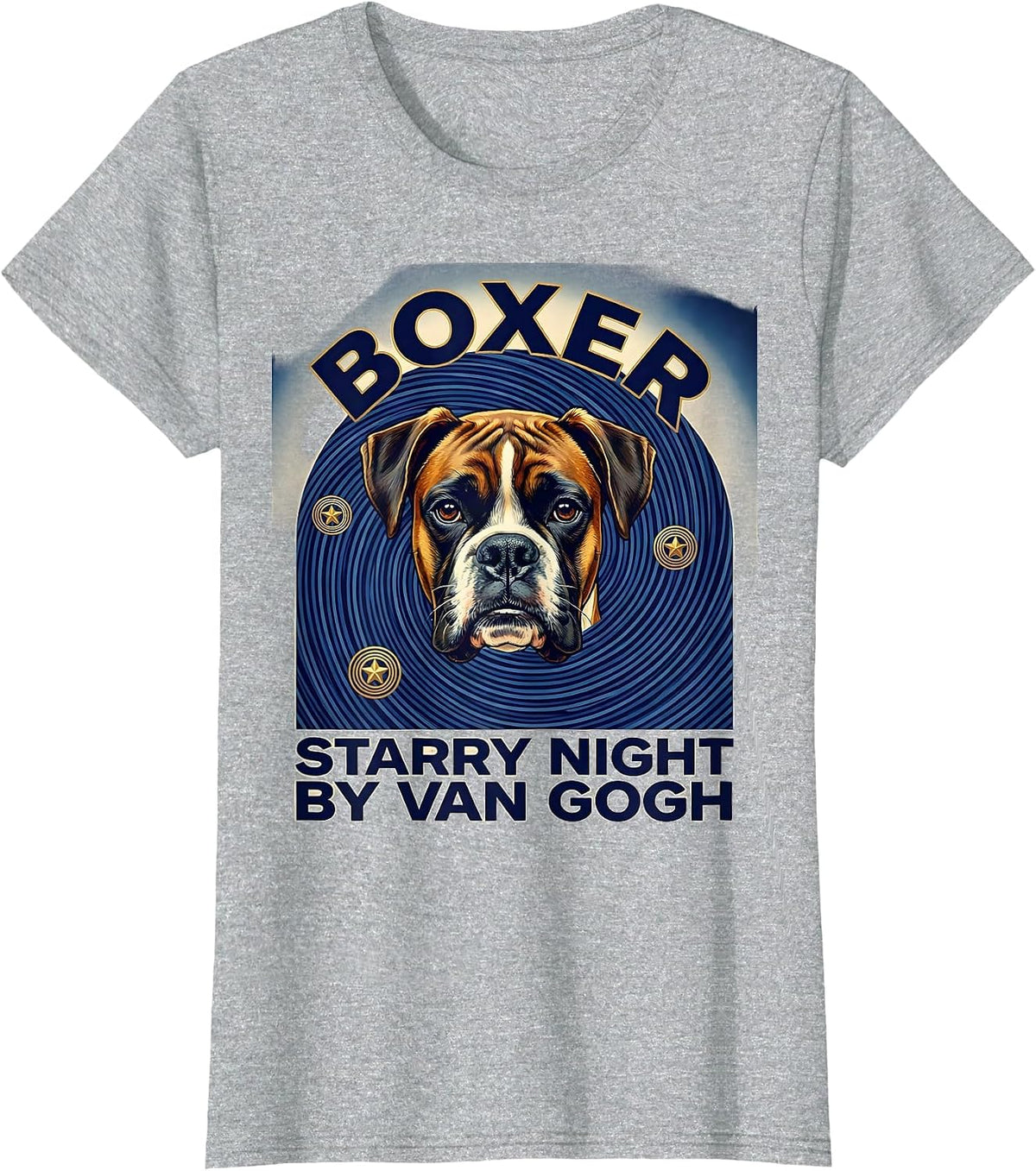 Women's Boxer Starry Night by Van Gogh Dog Portrait Art T-Shirt - Heather Grey