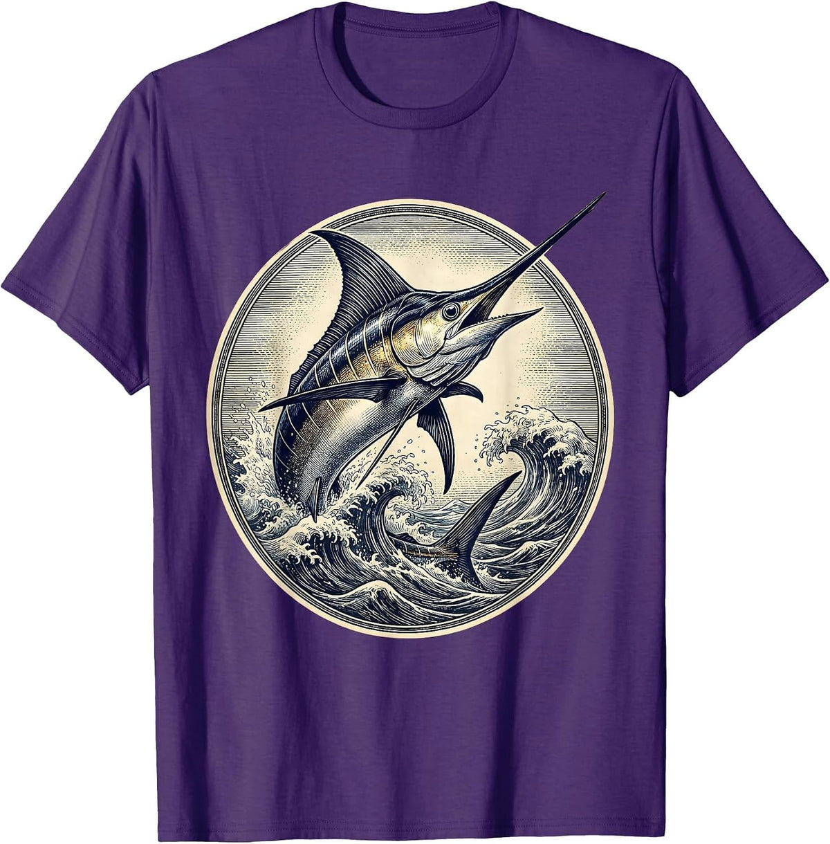 Giant Marlin Breaching Ocean Waves Fishing Design T-Shirt - Purple