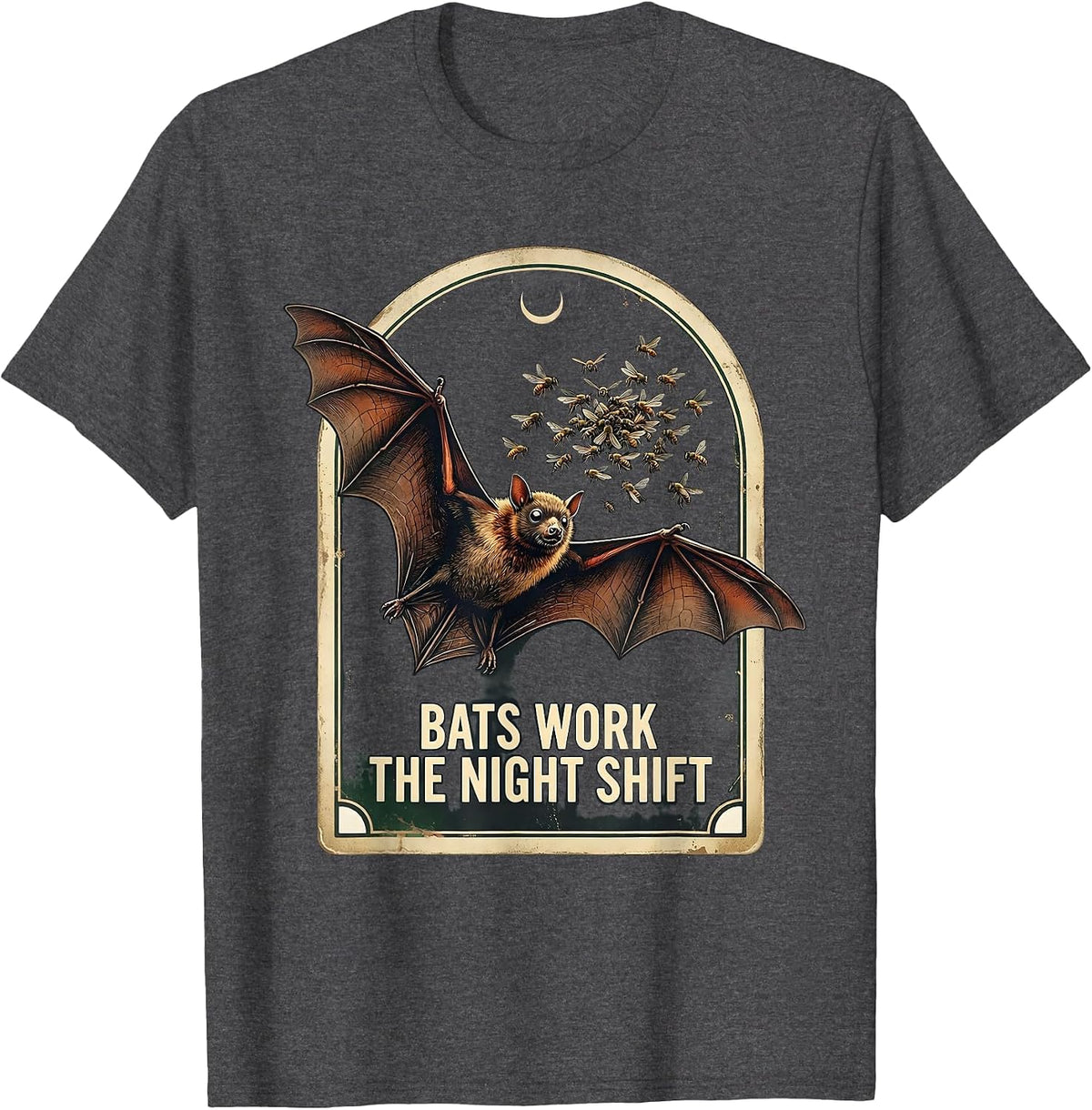 Bats Work The Night Shift Funny Vintage Bat Lover Halloween T-Shirt - Dark Heather Grey