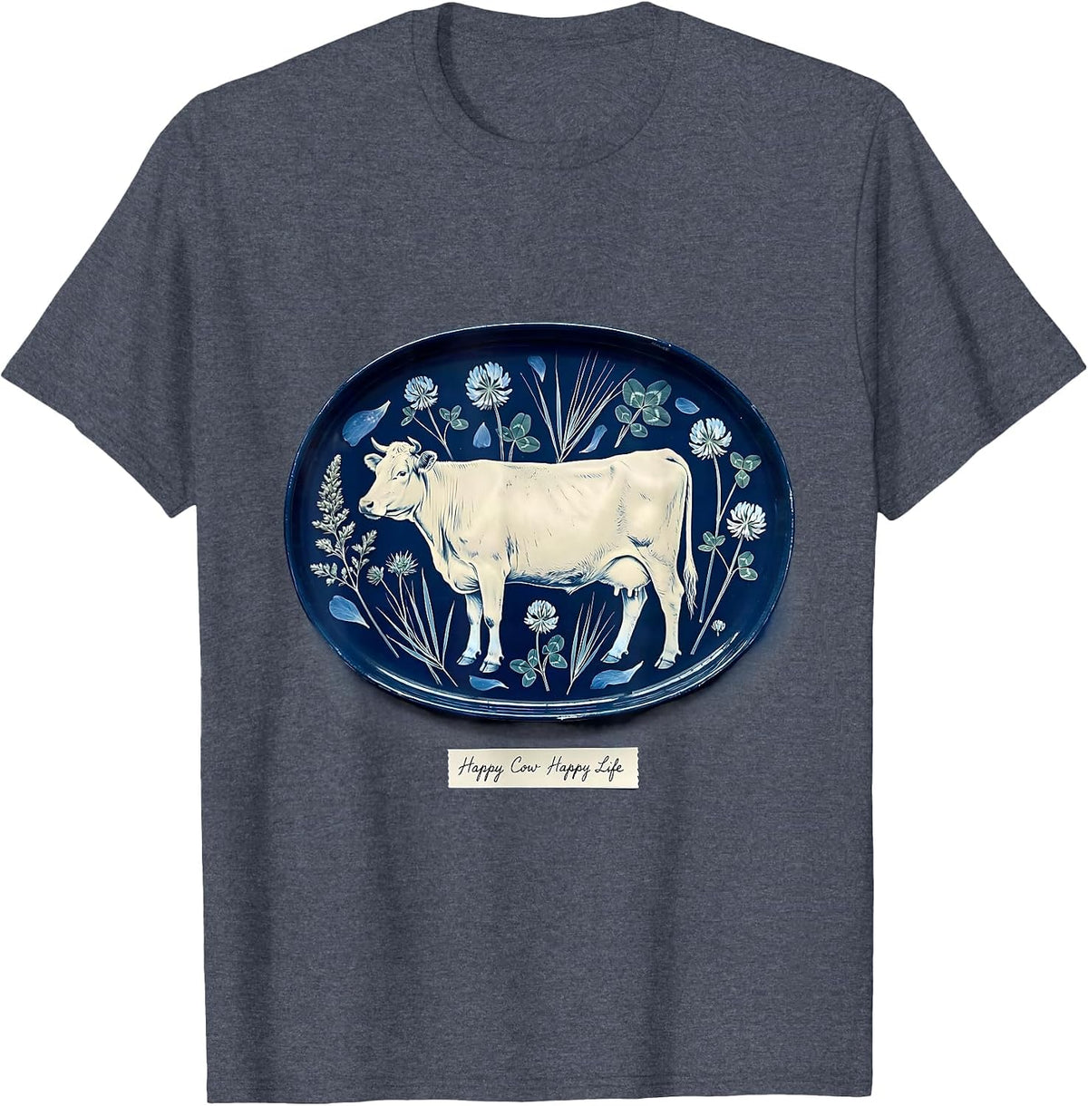 Happy Cow Happy Life Cheerful Farm Animal Design T-Shirt - Heather Blue