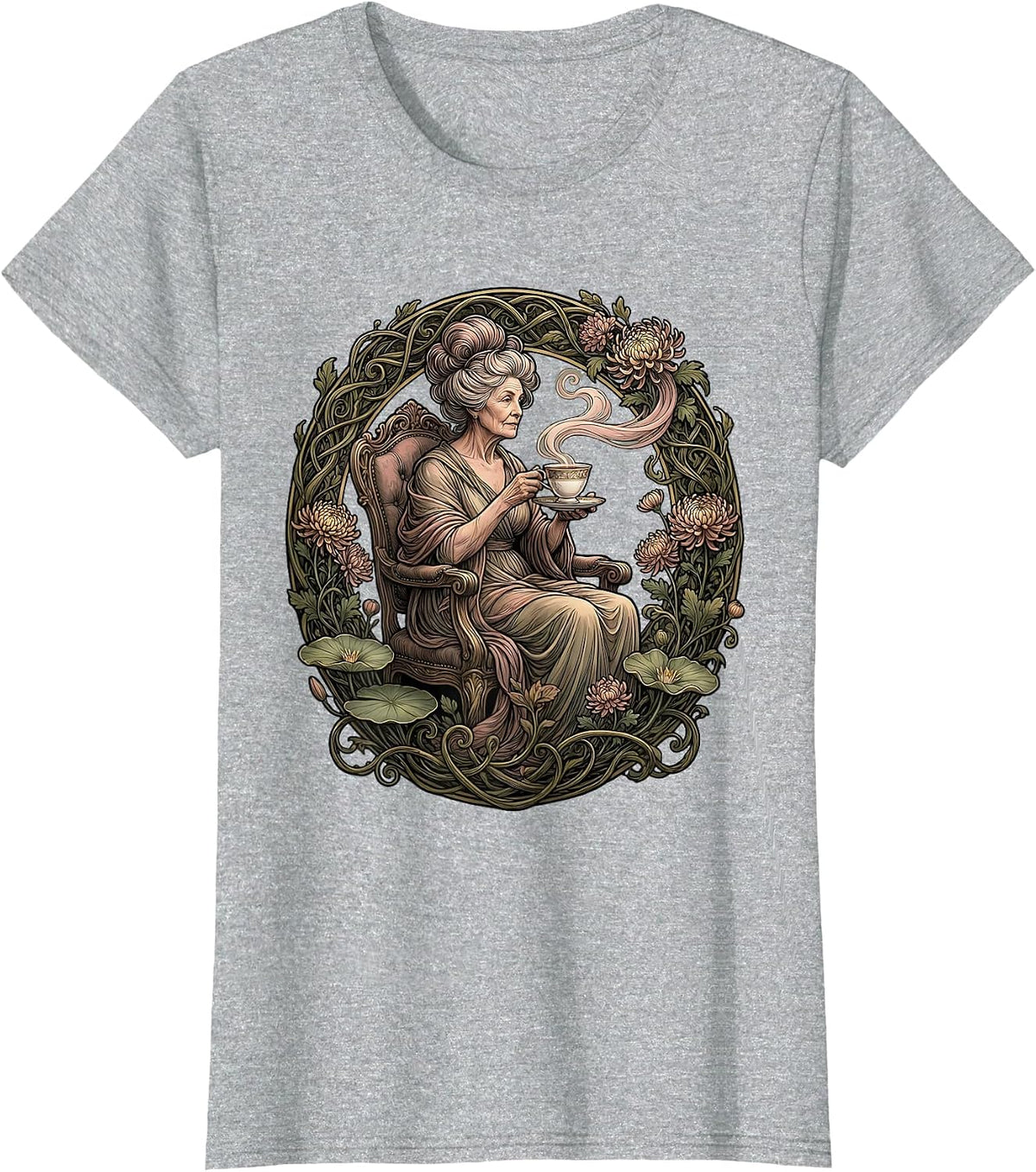 Mimi Grandma Sipping Tea Fancy Teacup Graphic T-Shirt - Heather Grey
