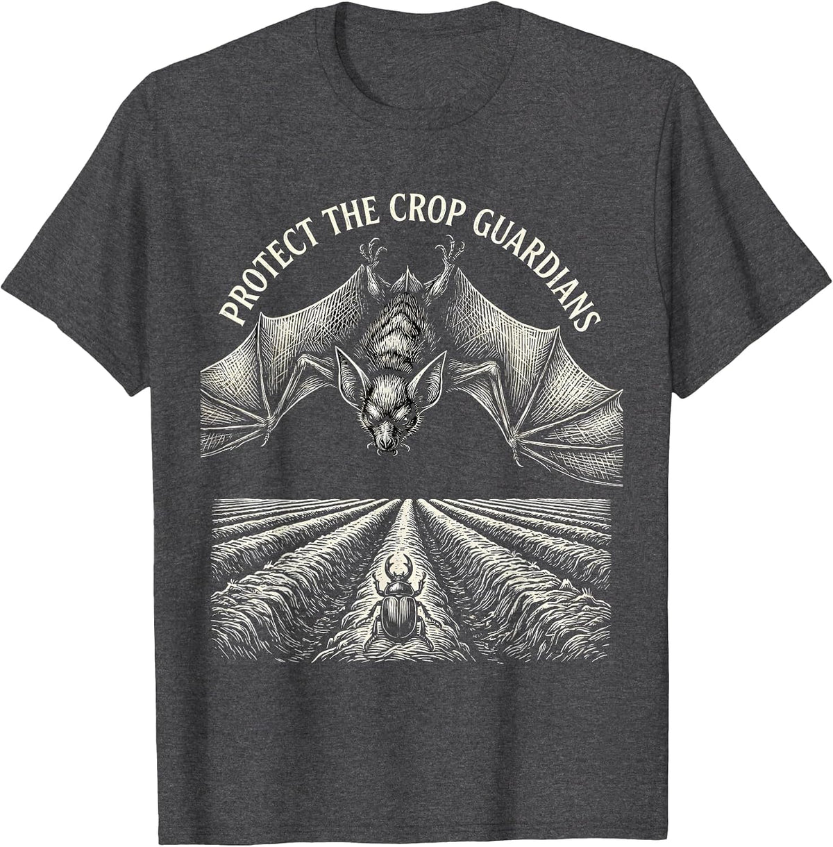 Protect The Crop Guardians Woodcut Engraving Bat Lover T-Shirt - Dark Heather Grey