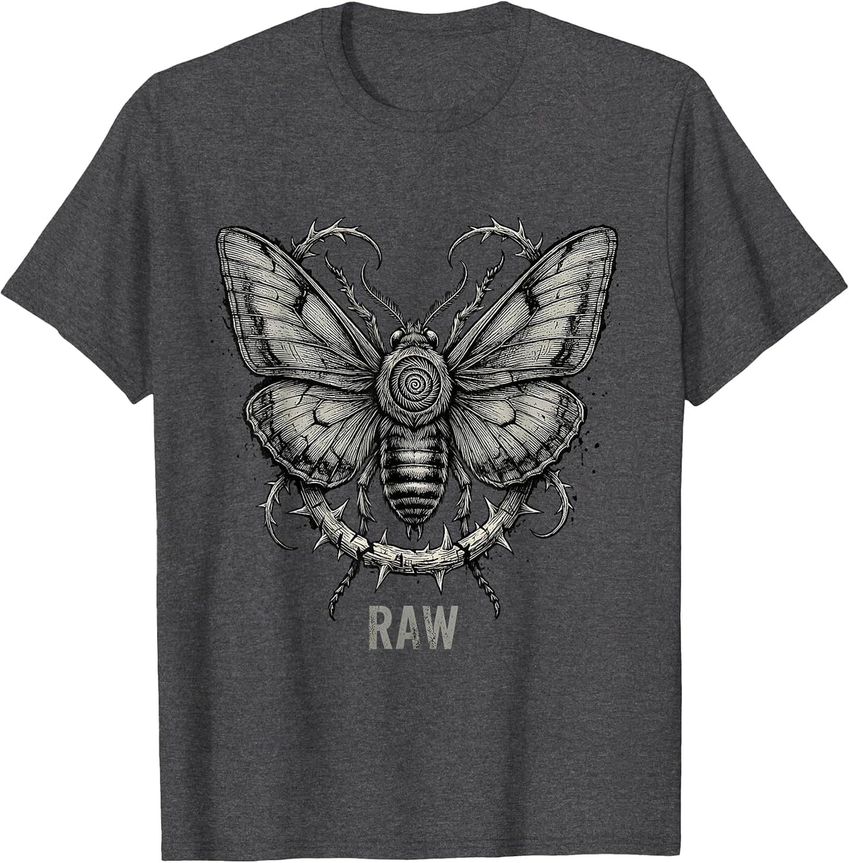 Men's RAW Y2K Grunge Goth Alt Streetwear Monochrome Fine-Line T-Shirt - Dark Heather Grey