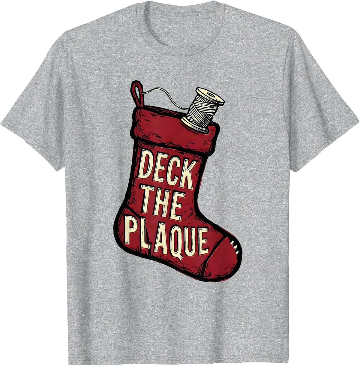 Men's Deck The Plaque Funny Dental Christmas Linocut Dentist Gift T-Shirt - Heather Grey