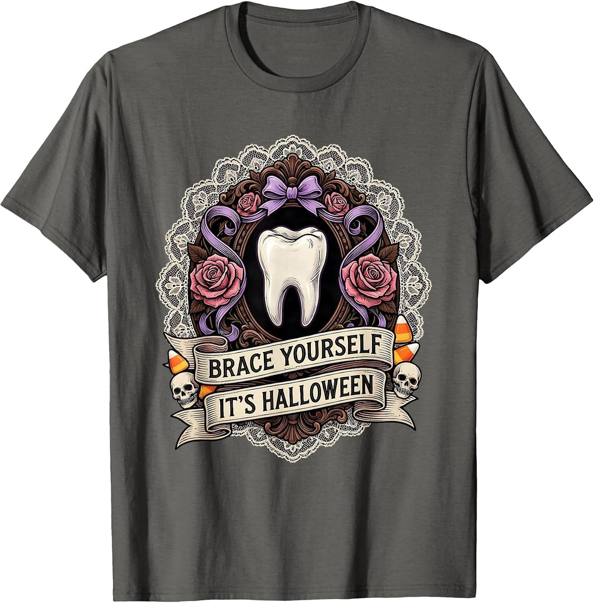 Men's Brace Yourself It's Halloween Dental Design T-Shirt - Asphalt Grey