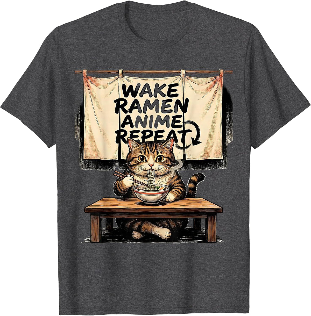 Wake Ramen Anime Repeat Funny Kawaii Cat Lover Gift T-Shirt - Dark Heather Grey
