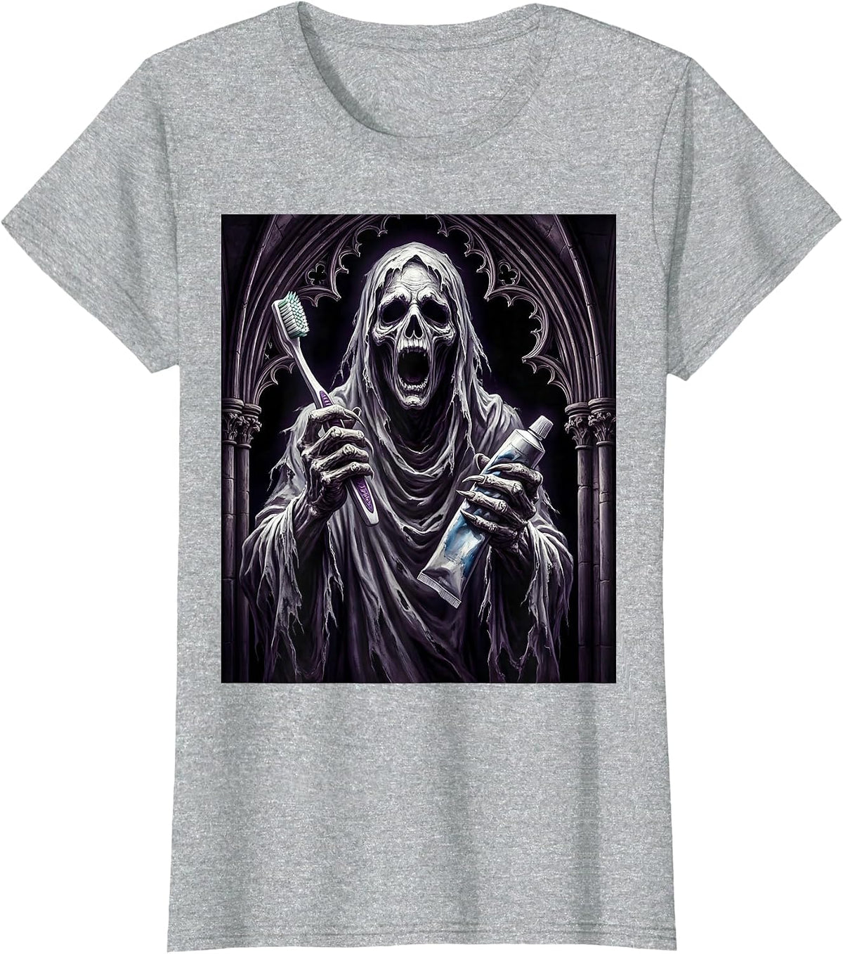 Dental Halloween Ghost Toothbrush Spooky Design T-Shirt - Heather Grey