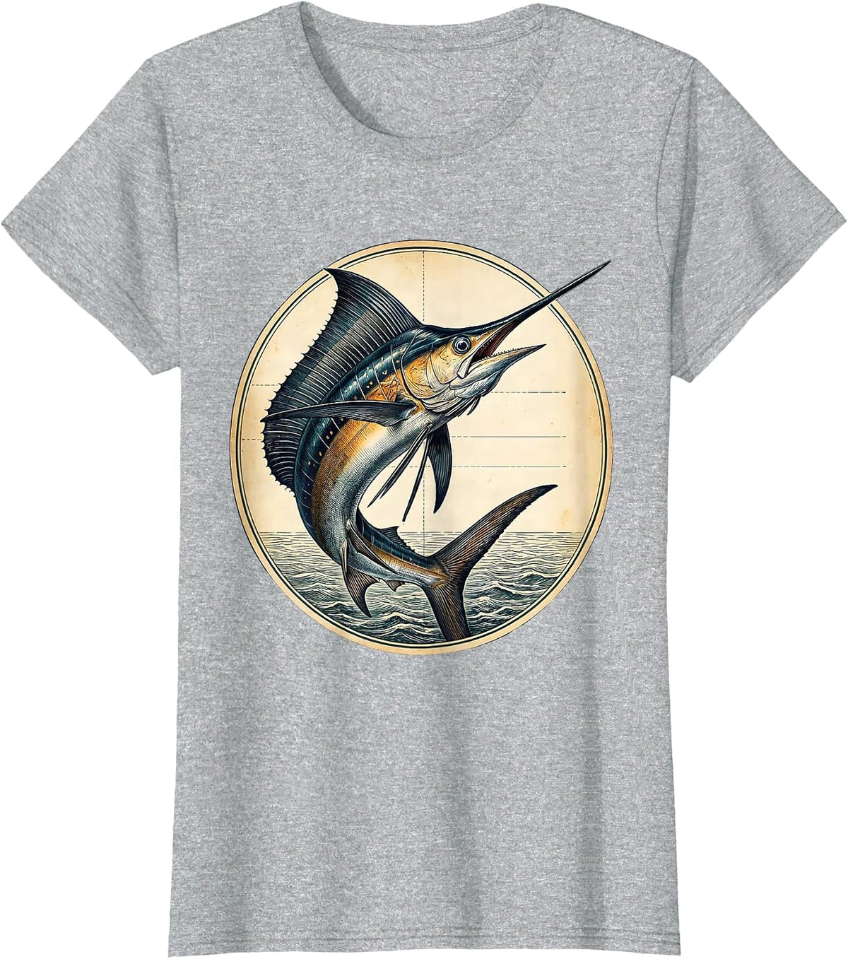 Giant Marlin Breaching Ocean Sunset Fishing Design T-Shirt - Heather Grey