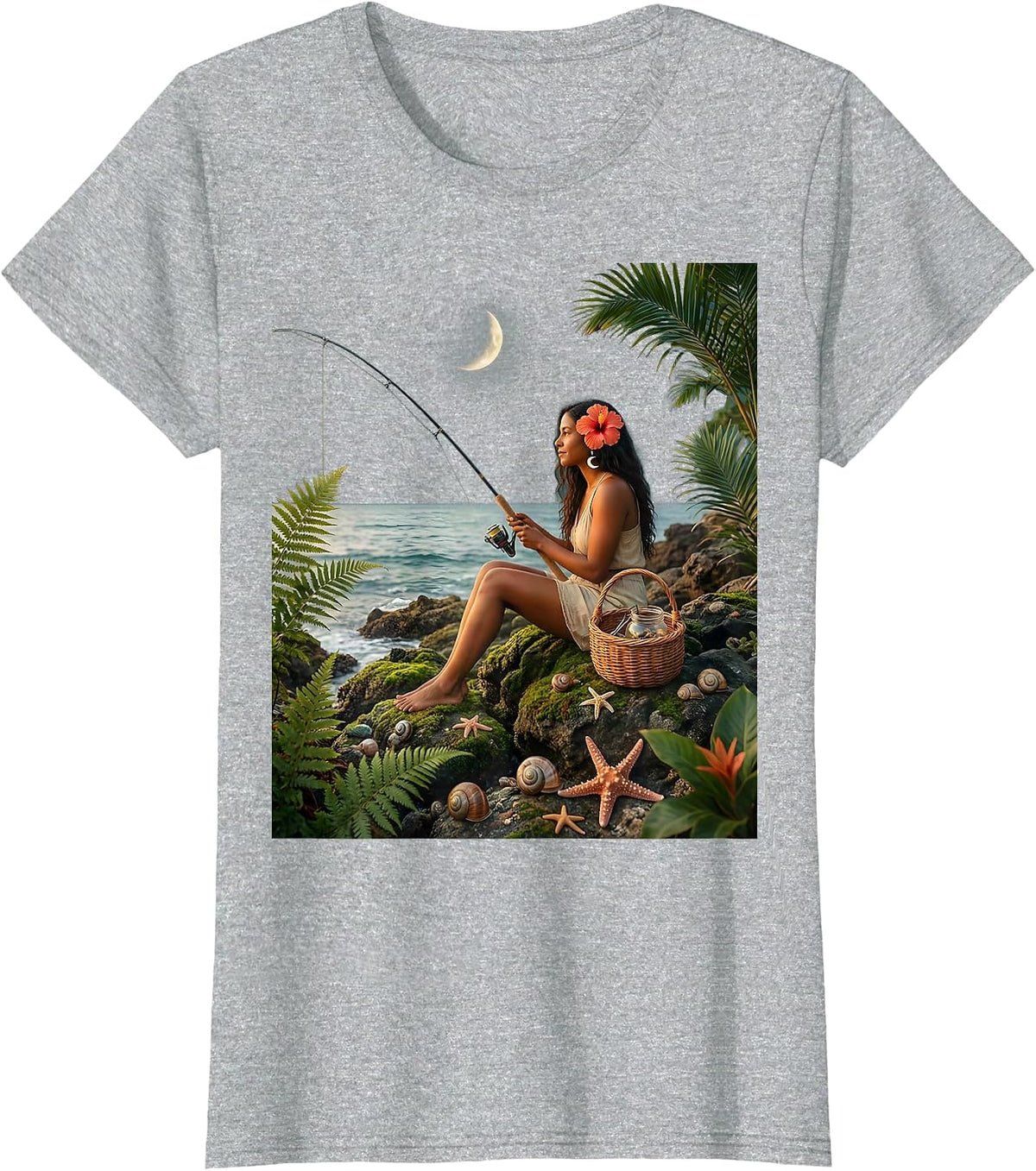 Women's Puerto Rico Coastal Cliff Fishing Illustration T-Shirt - Heather Grey