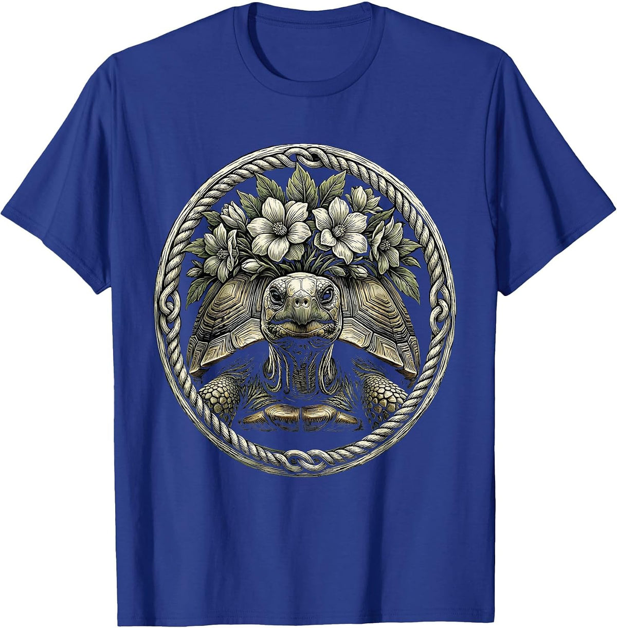 Old Tortoise Wearing a Flower Crown Illustration T-Shirt - Royal Blue