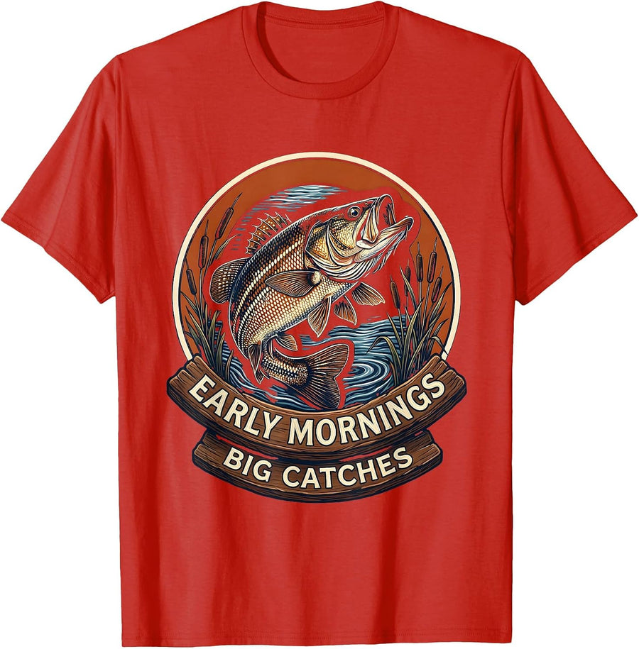 Men's Early Mornings Big Catches Fishing Design T-Shirt - Red