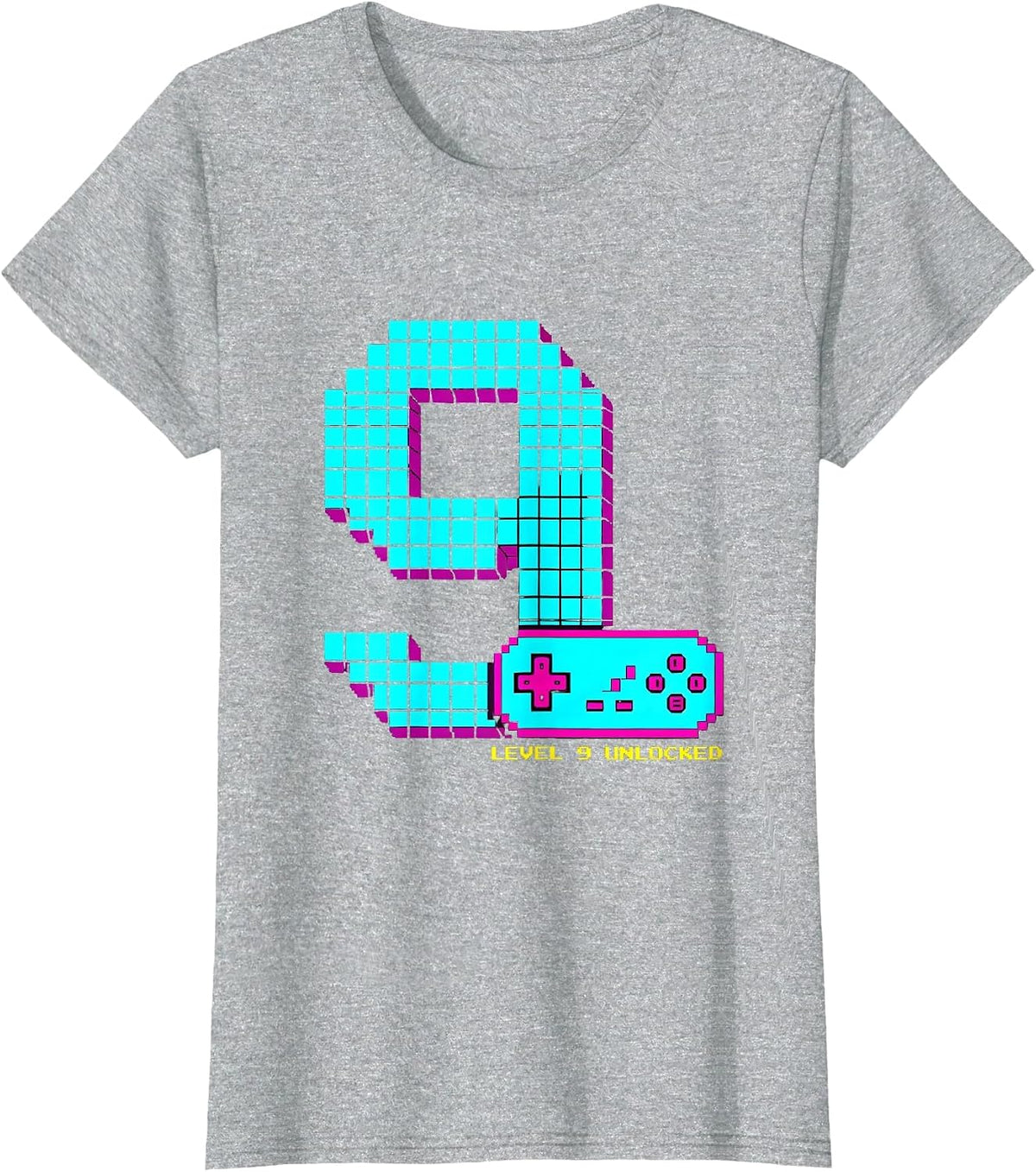 Level 9 Unlocked Pixel Art Gamer Birthday Gift T-Shirt - Heather Grey