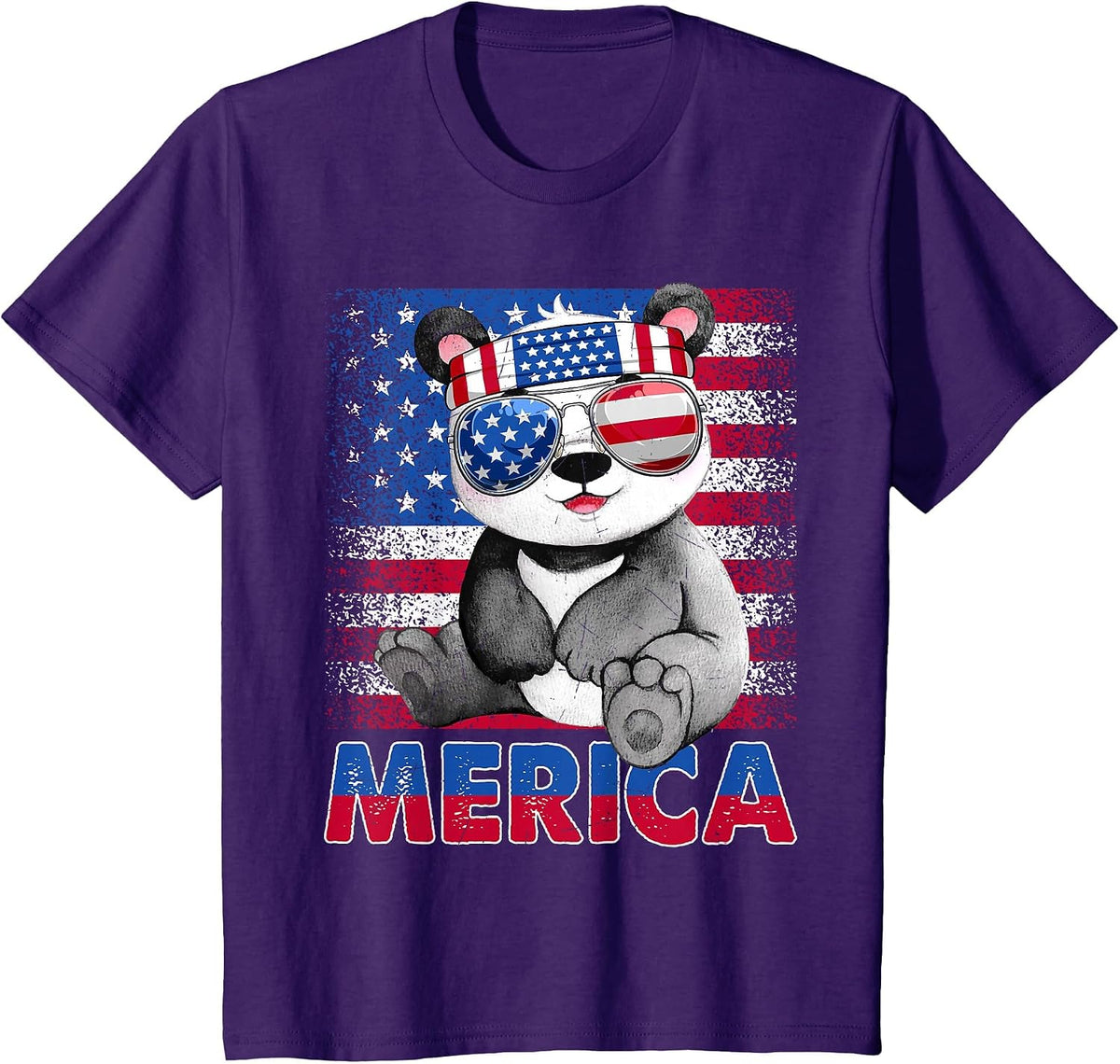 Funny Merica Panda Bear with USA Flag Headband 4th of July T-Shirt - Purple