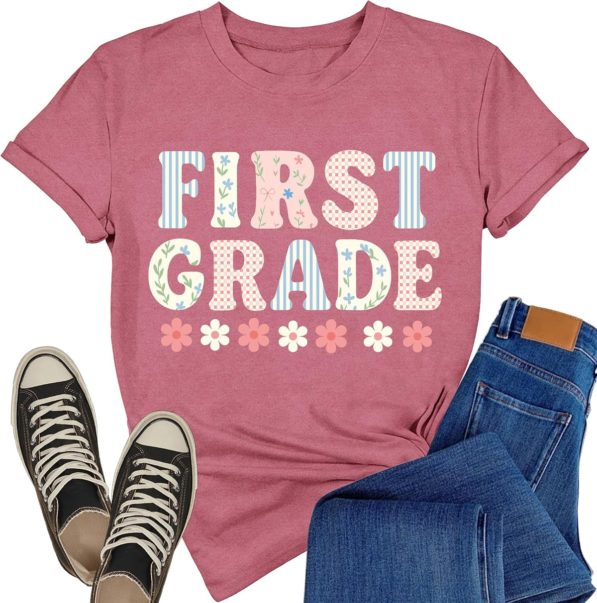 Teacher Shirts for Women First Grade Teacher T-Shirt Teach Top - Pink
