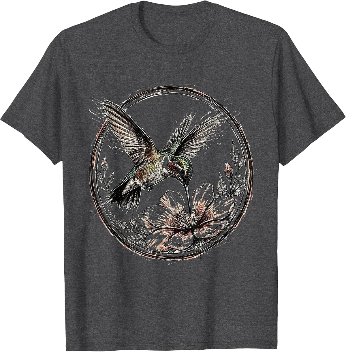 Hummingbird Hovering at Red Blooming Flower T-Shirt - Dark Heather Grey