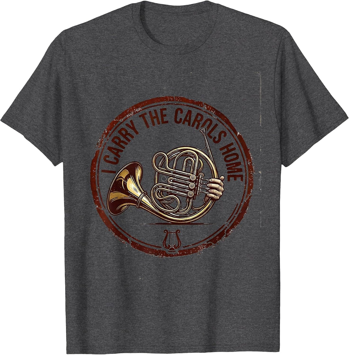 I Carry The Carols Home Funny French Horn Player Christmas T-Shirt - Dark Heather Grey