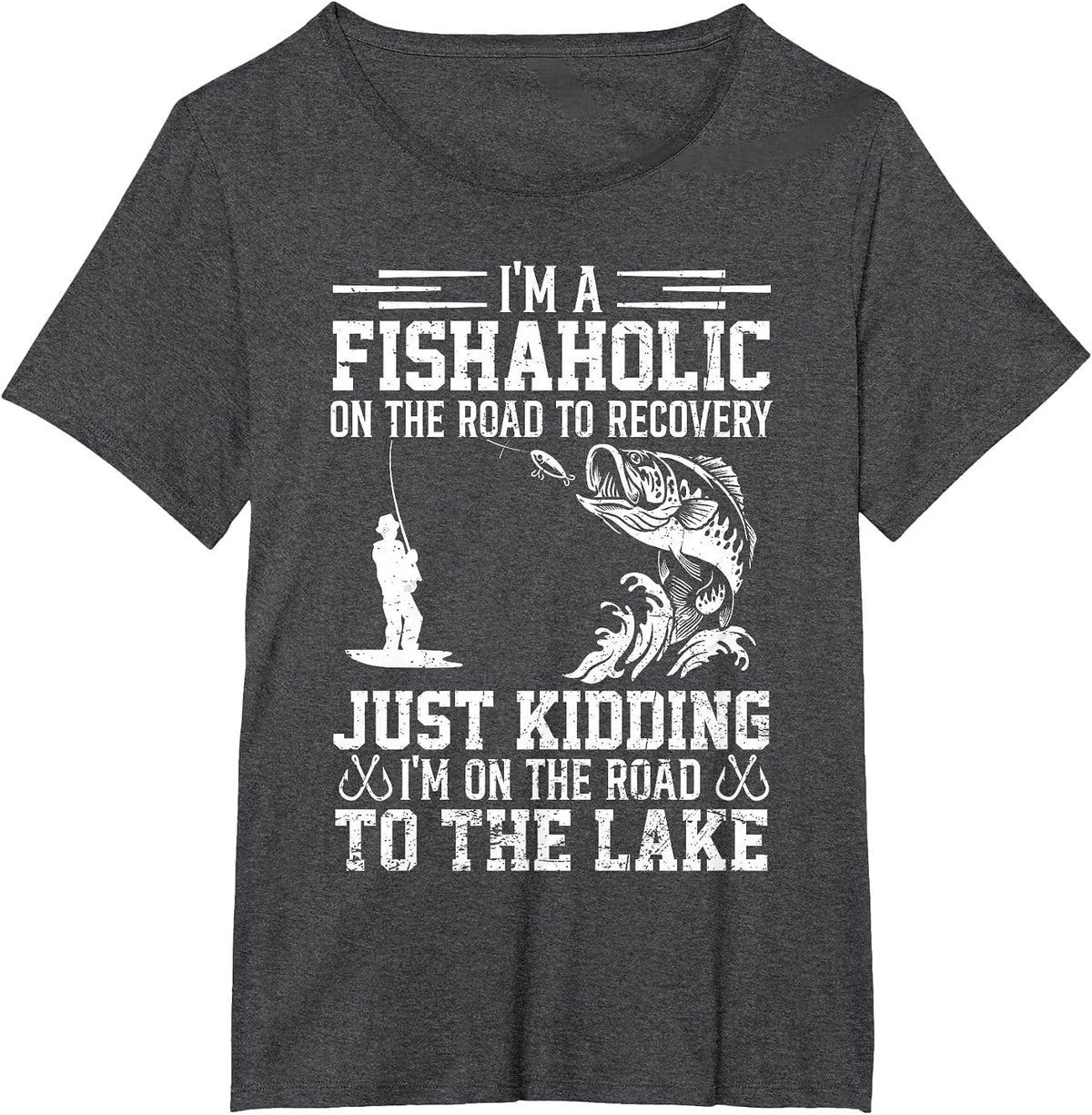 Funny Fish-Aholic On The Road to The Lake Fishing Lover T-Shirt - Dark Heather Grey