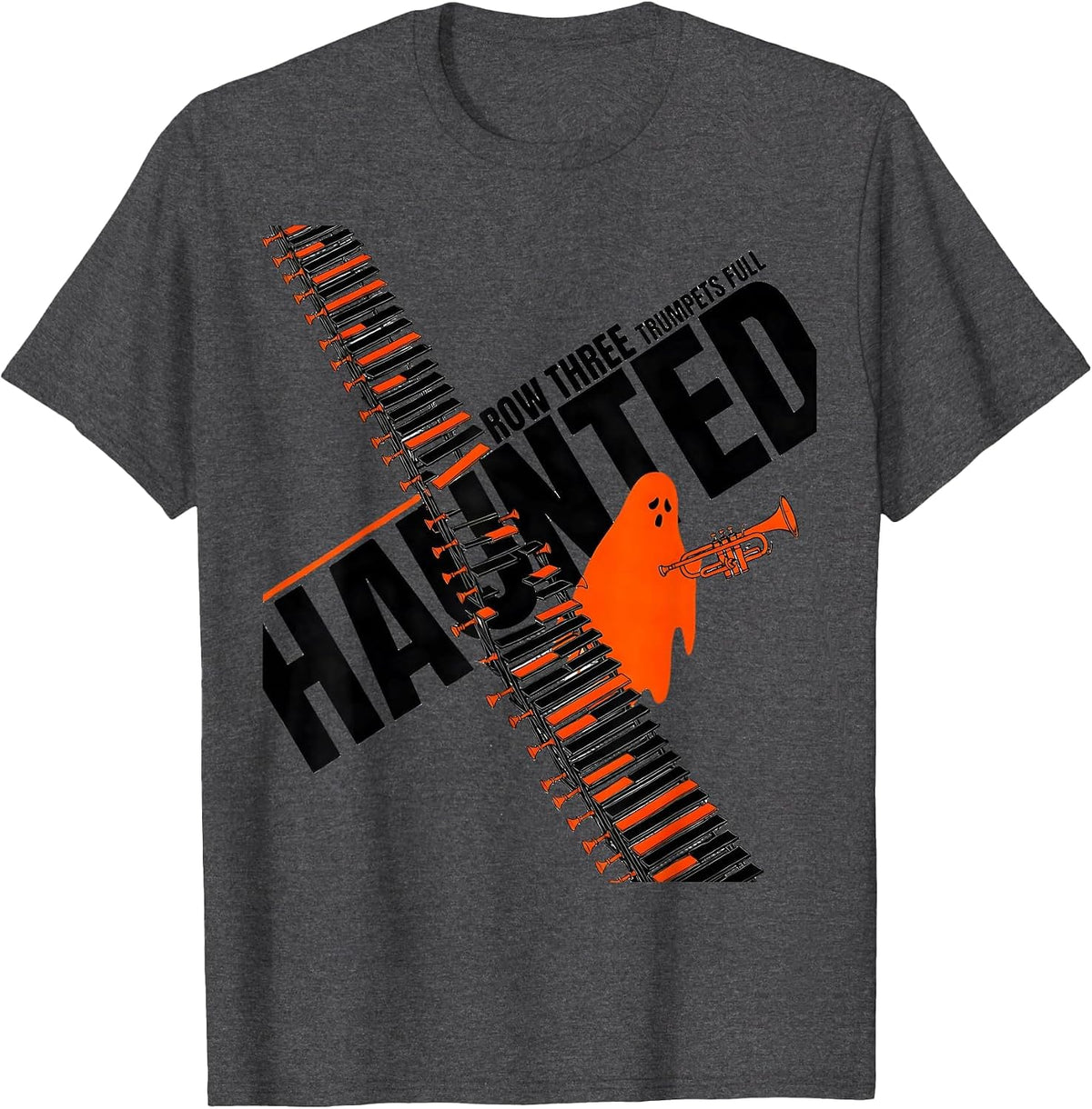 Trumpets Full Row Three Haunted New Wave Music Teacher T-Shirt - Dark Heather Grey