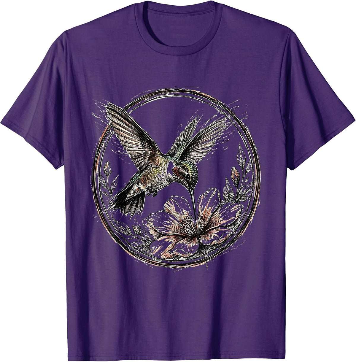 Hummingbird Hovering at Red Blooming Flower T-Shirt - Purple