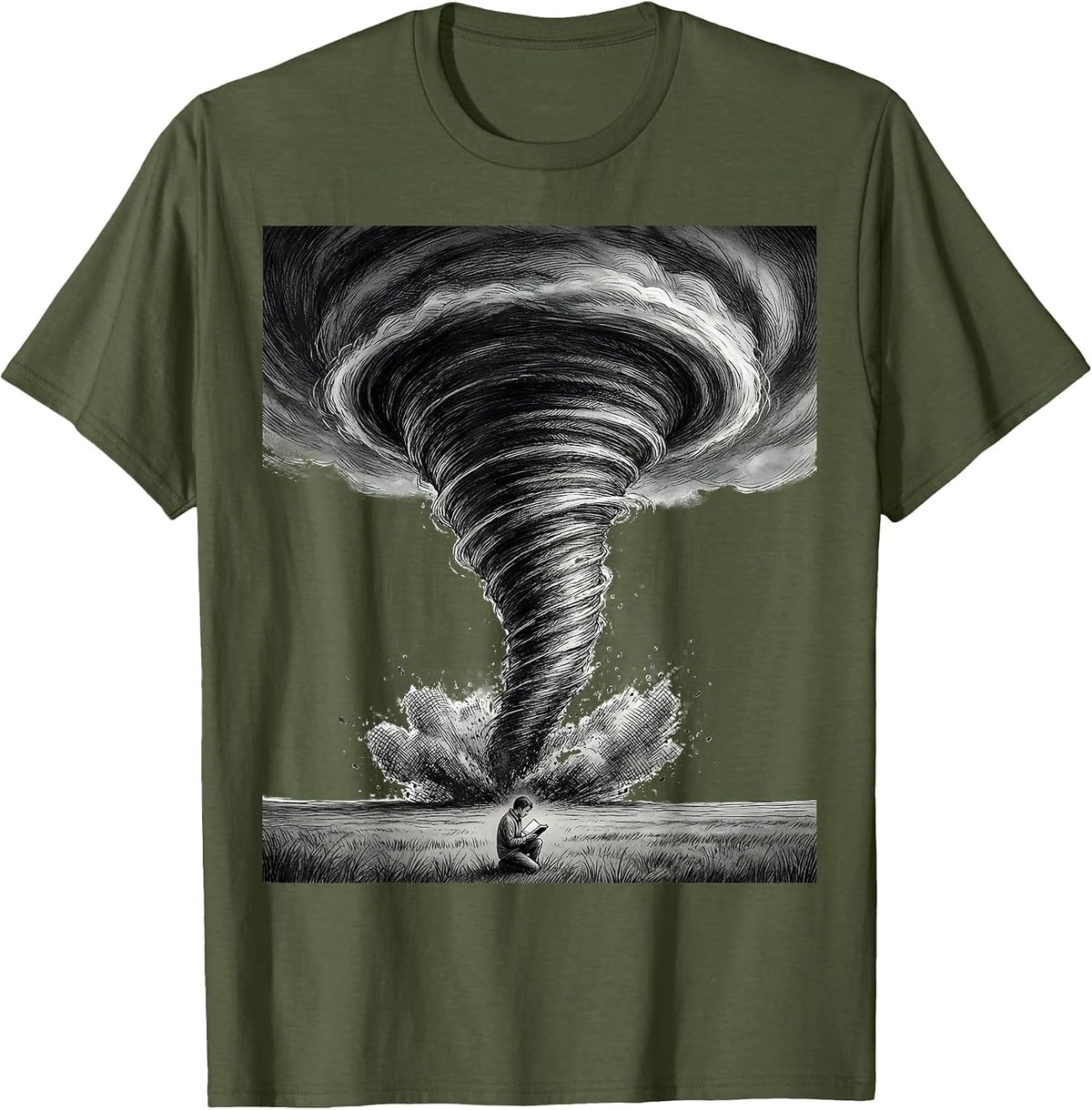 Men's Oversized Tornado Funnel Storm Chaser Meteorology Enthusiast T-Shirt - Olive Green