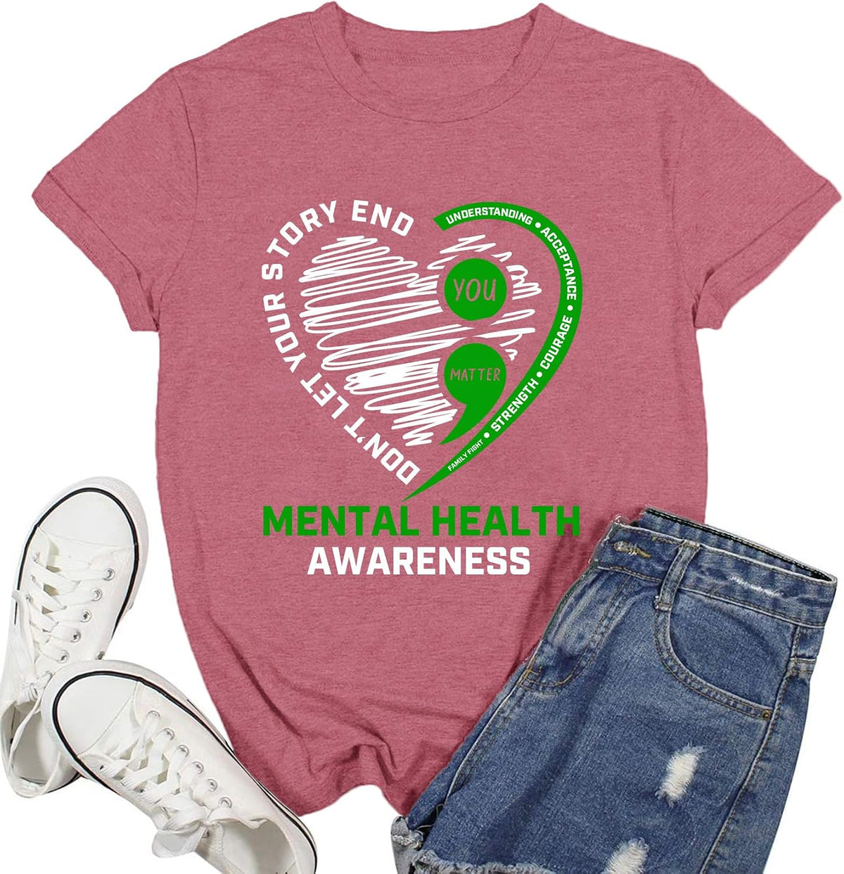 Women Mental Health Awareness Shirt Green Ribbon T-Shirt Inspirational Psychologist Therapist Tee Top - Pink