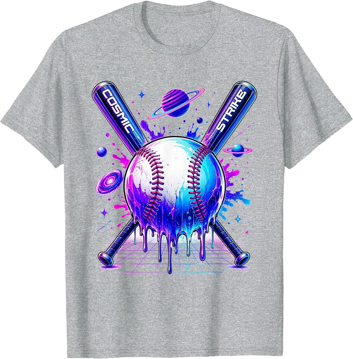 Retro Vaporwave Cosmic Baseball Synthwave Graphic T-Shirt - Heather Grey