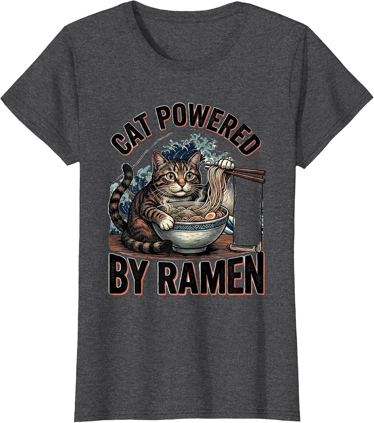 Women's Cat Powered By Ramen Funny Kawaii Anime Cat Gift T-Shirt - Dark Heather Grey