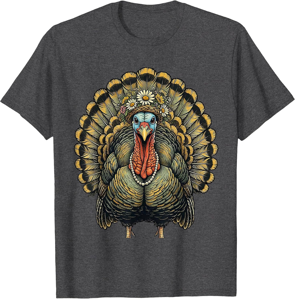 Floral Crown Turkey with Pearls Illustration T-Shirt - Dark Heather Grey