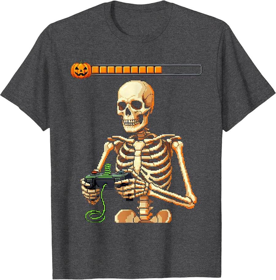 Men's Pixel Art Skeleton Gamer Halloween Costume Substitute T-Shirt - Dark Heather Grey