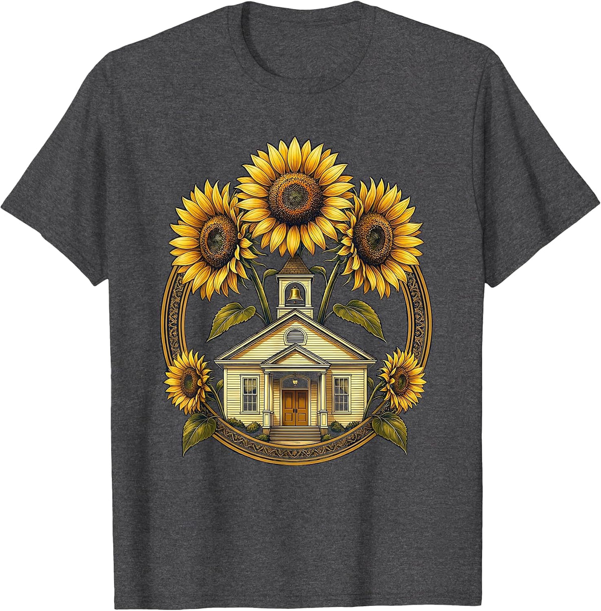 First Grade Teacher Schoolhouse Sunflower Design T-Shirt - Dark Heather Grey