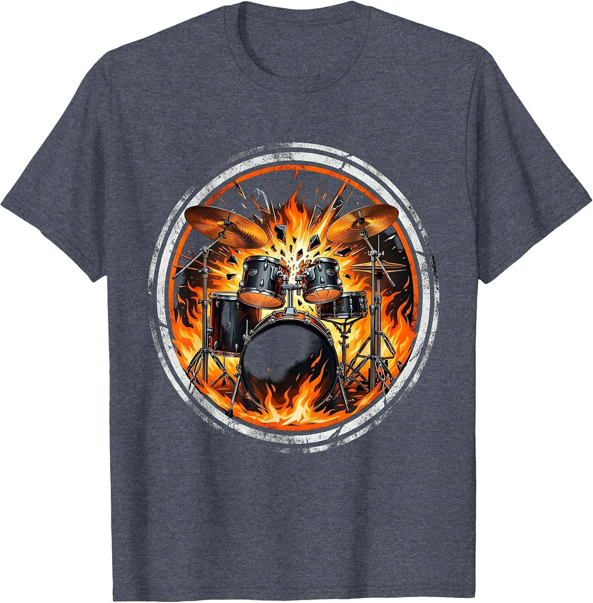 Exploding Drum Kit Flames Rock Band Graphic T-Shirt - Heather Blue